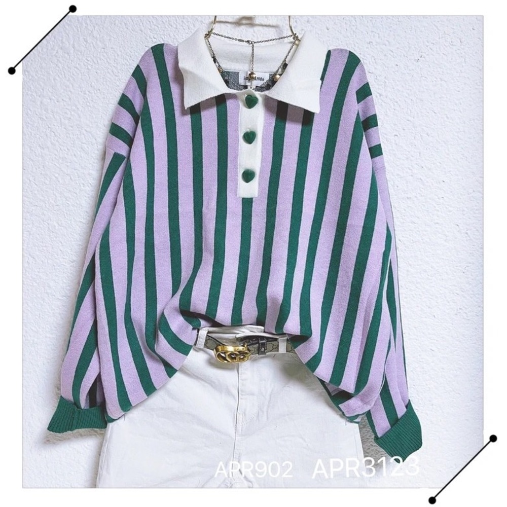Chic Striped Button Down Shirt in Green and Purple